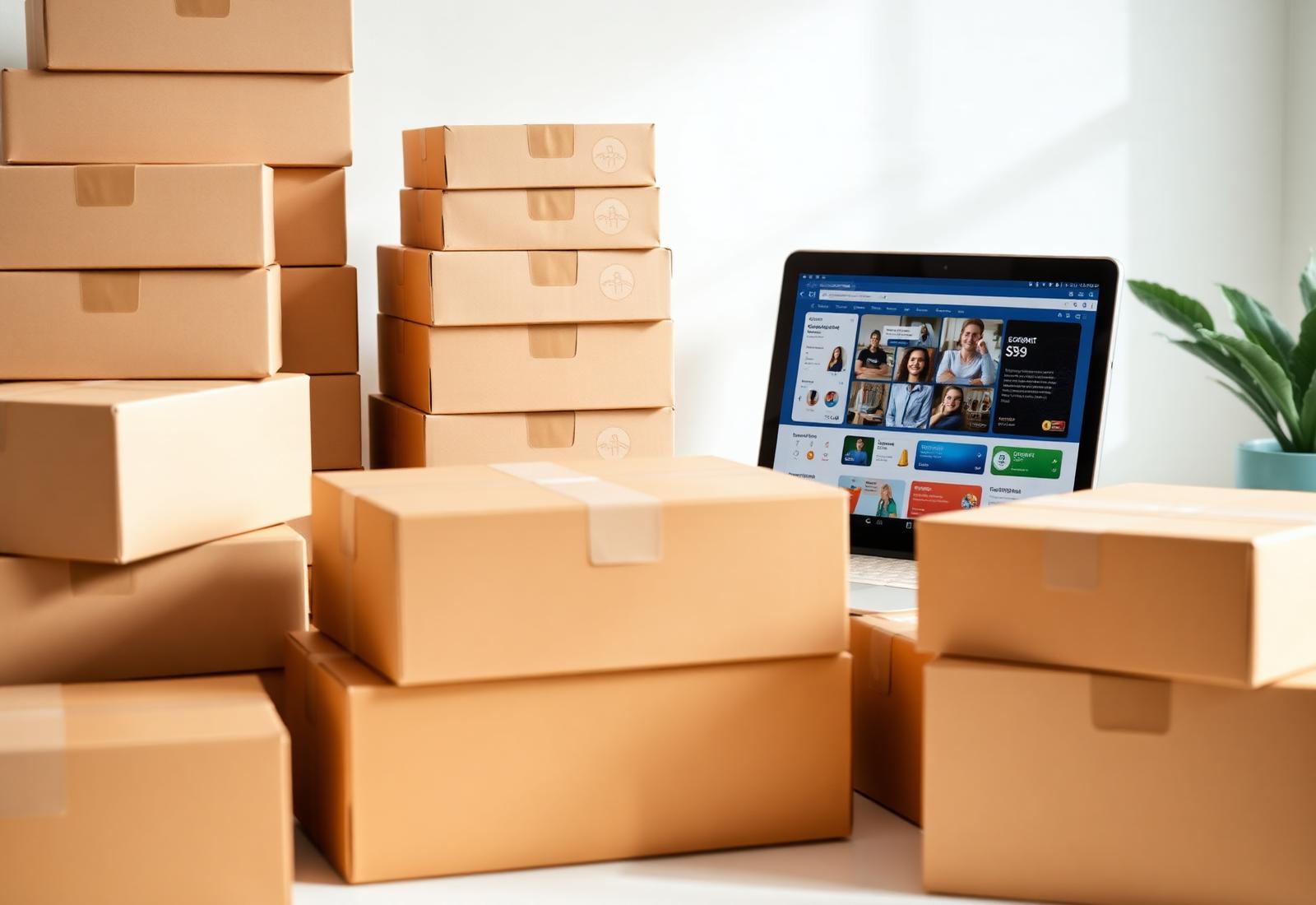 Packed parcels ready for dispatch beside a laptop showing an online storefront